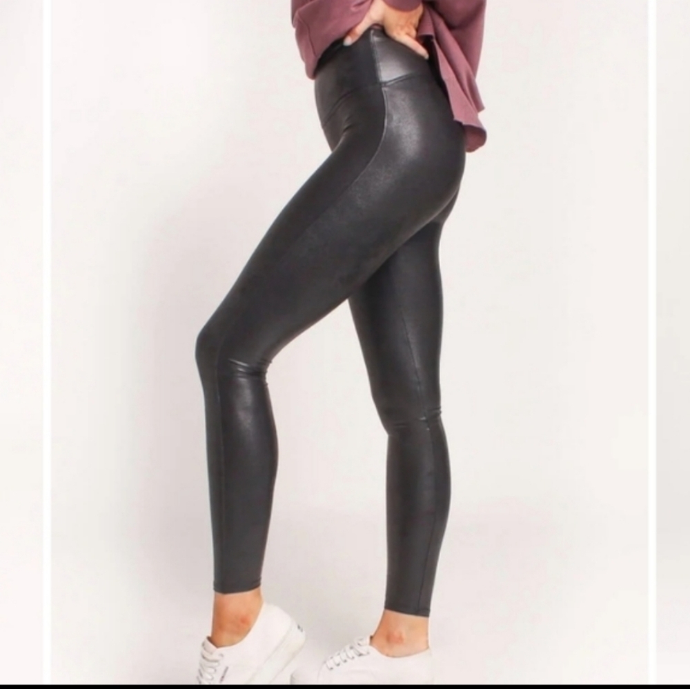 Spanx Faux Leather Black Legging Small Contoured Power Waistband Shapes Lifts - Picture 2 of 9